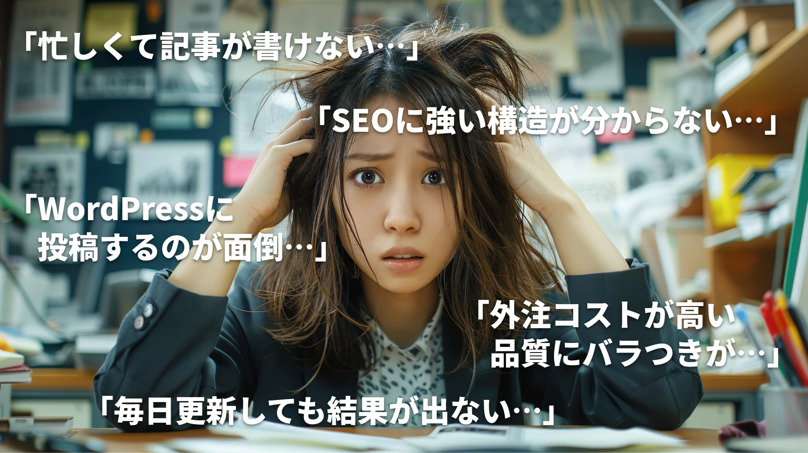 「忙しくて記事が書けない…」「SEOに強い構造が分からない…」「WordPressに投稿するのが面倒…」「外注コストが高い、品質にバラつきが…」「毎日更新しても結果が出ない…」