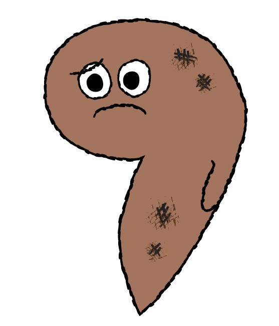 Sad brown cartoon worm/poop-shaped character with big eyes and a frowning mouth, with dirt smudges on its body.