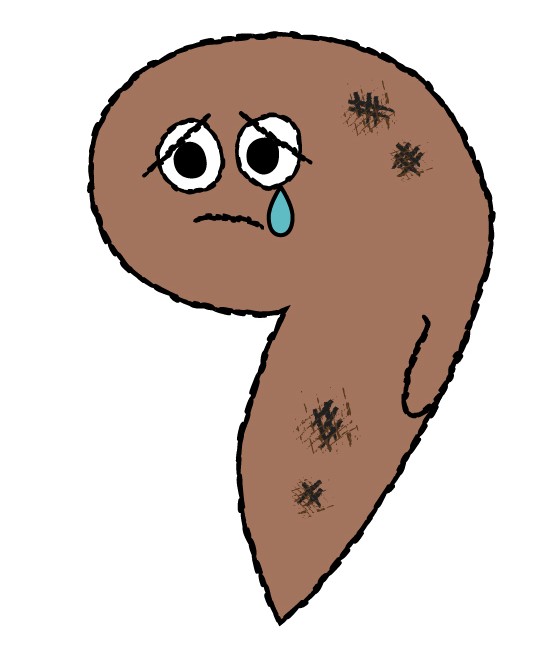 キャラクター - 株式会社SPD - 名古屋のホームページ制作・デザイン制作 Sad brown worm-like cartoon character with a single tear and dirt patches on its body, looking down sadly.