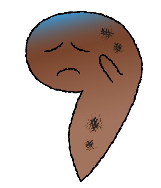 Cartoon brown, bean-shaped character with a sad face and several bruise marks on its body.