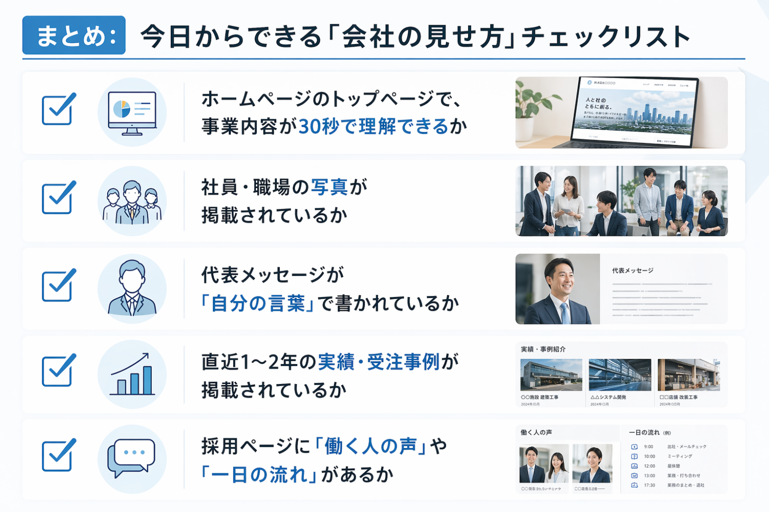 会社の見せ方チェックリストの一覧ページ。左にアイコンと説明文、右に項目ごとのサムネイルが並ぶ。
