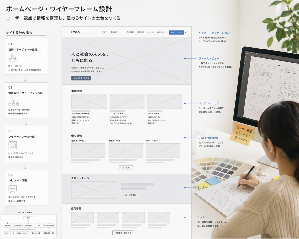 ホームページのワイヤーフレーム設計では、ユーザー視点で情報を整理し、伝わるサイトの土台を作ります